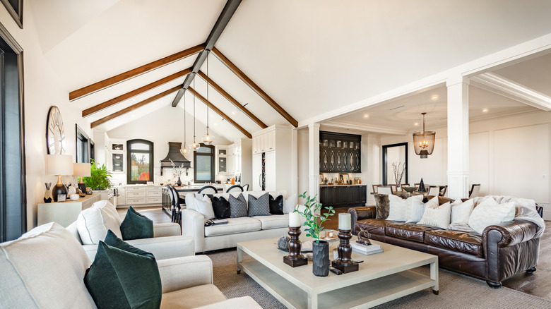 Modern home with wood beams on a vaulted ceiling