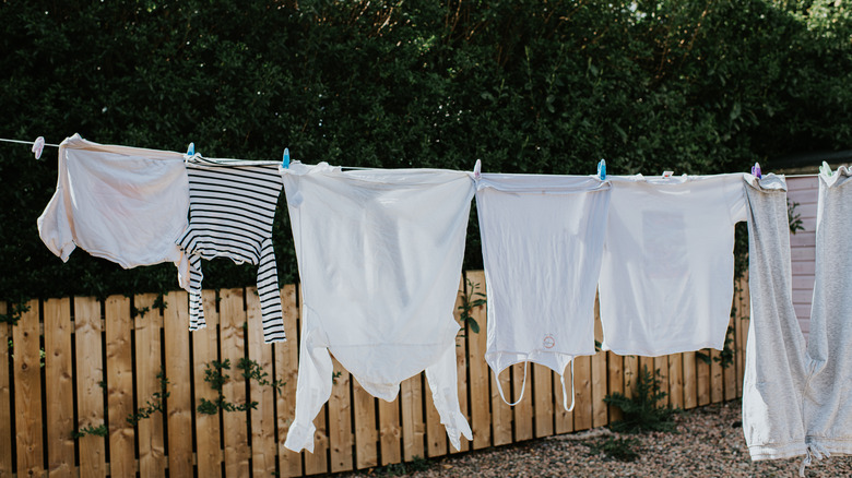 Clothes hanging on a clothelines near a wooden fence