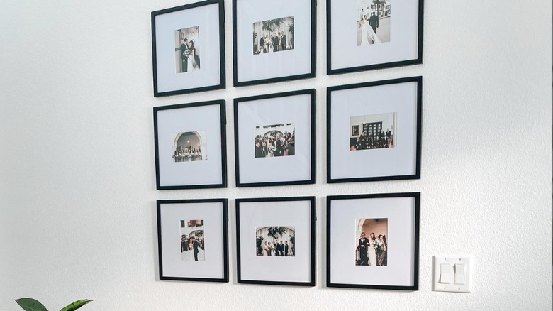 Family pictures displayed against a white wall