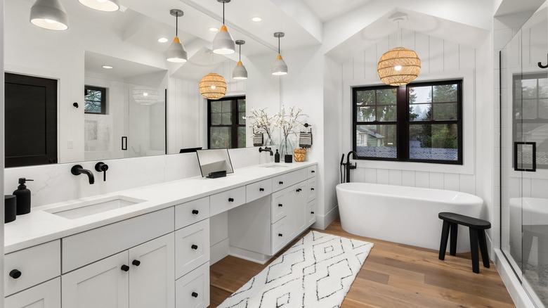White bathroom shiplap black accents