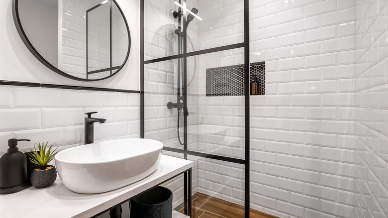 White bathroom black accents