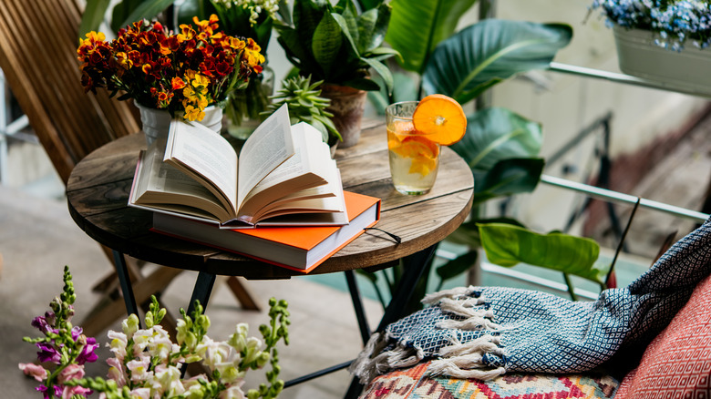 Books, chairs, and flowers