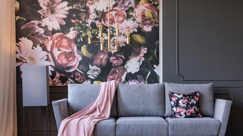 Pink floral pattern accent wall