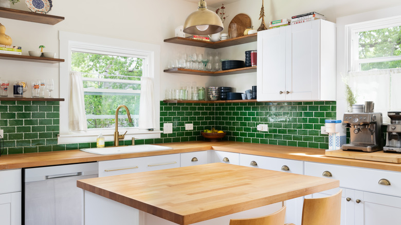 Green subway tile in kitchen