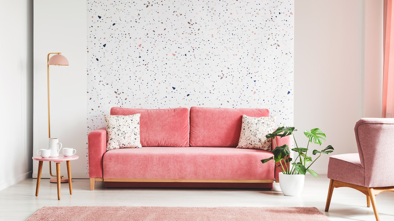 pink velvet sofa