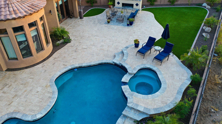 aerial view of pool and patio