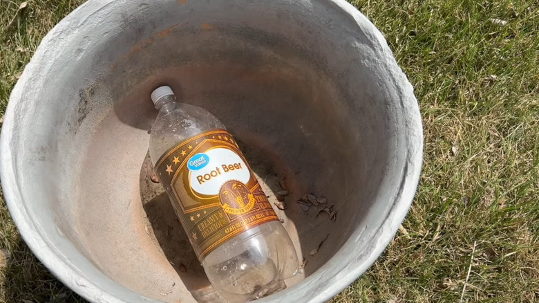 a plastic bottle takes up empty space in a large garden container