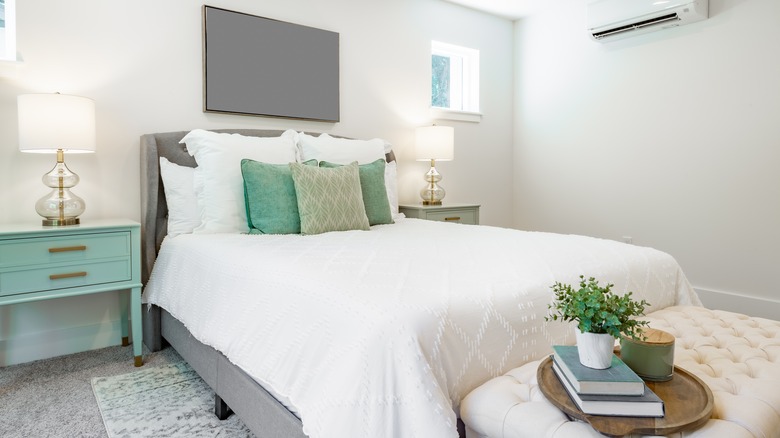 wooden tray on bedroom bench