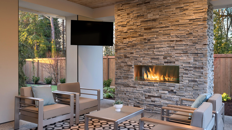 Stone fireplace in living room