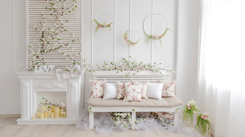 flower garland above a bench