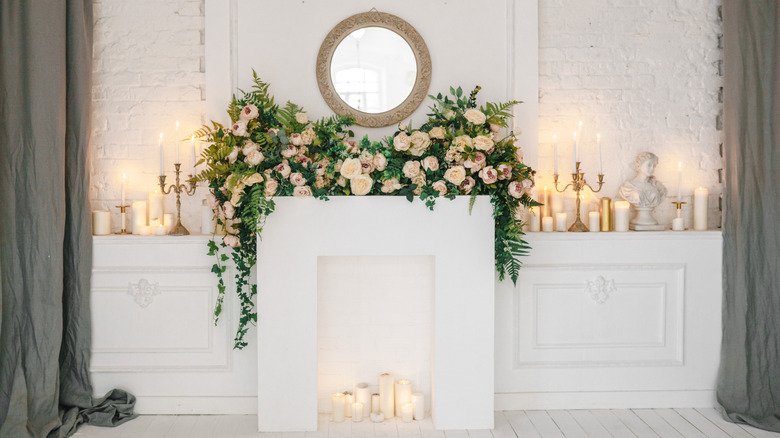 flower garland on white mantle