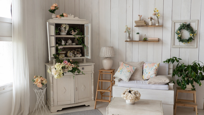 garland on a shelving unit