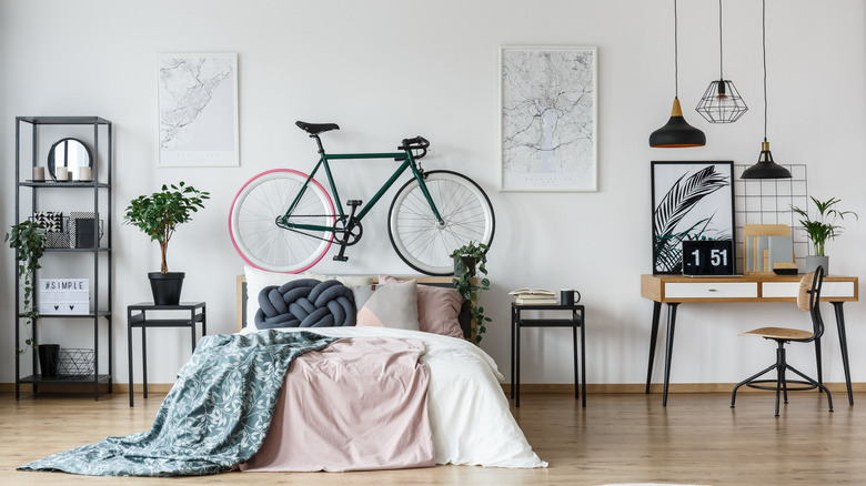modern bedroom with bike decor