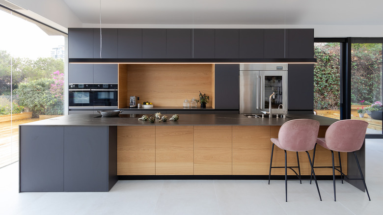 pink stools in neutral kitchen