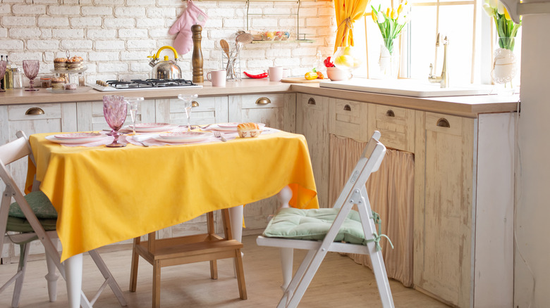 yellow tablecloth in kitchen