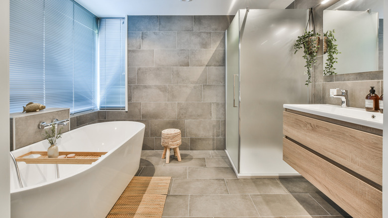 luxurious bathroom with white bathtub