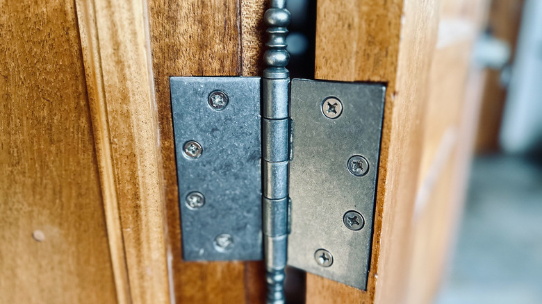 A closeup of a door hinge