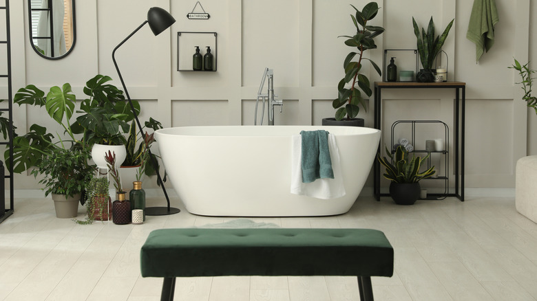 Bathroom with velvet bench