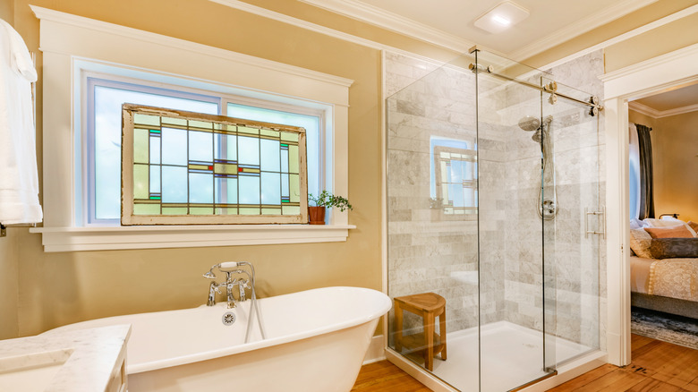 stained glass panel over bathroom window