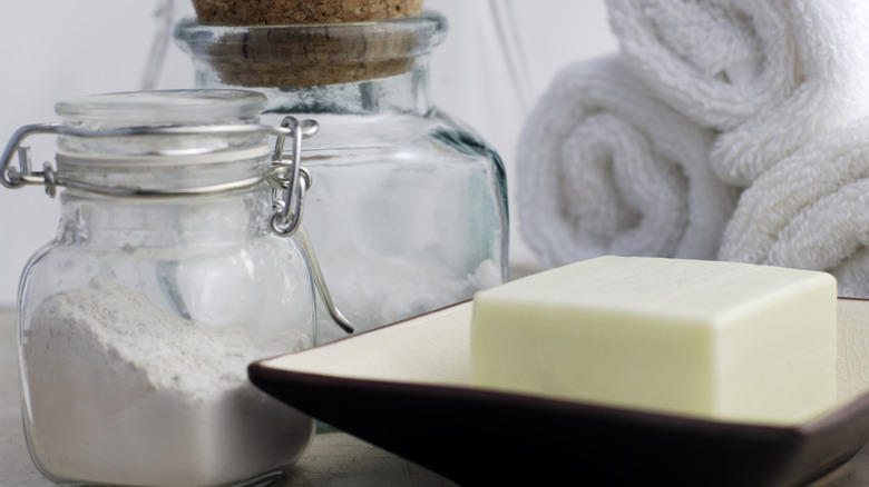 vintage glass jars and soap dish