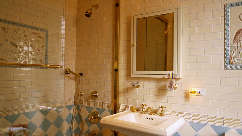 Bathroom with vintage wood cabinet