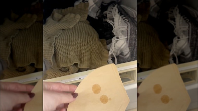 Someone holding essential oil coffee filter by dryer.