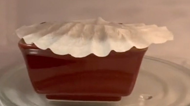 Coffee filter covering food in a bowl in the mircowave.