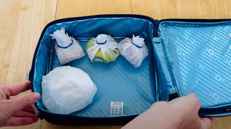 Blue lunch kit with coffee filter wrapped food.