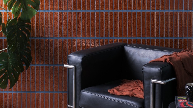 Living room with copper tile and blue grout