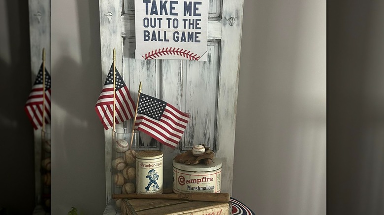 Baseball-themed decor near staircase landing