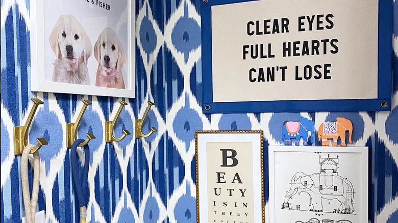 Blue wallpaper on wall with photos and artwork