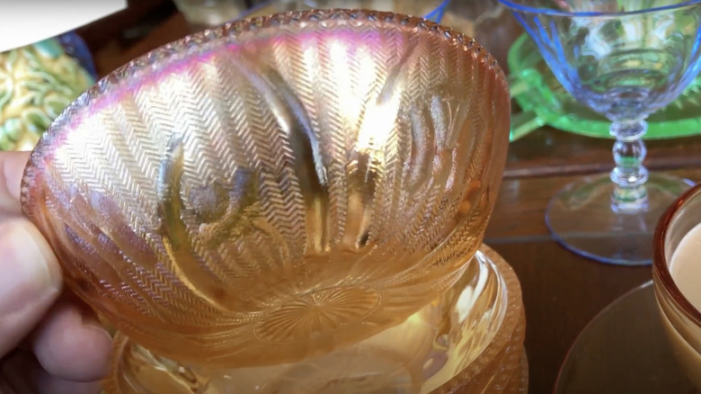 A bowl in the Iris and Herringbone pattern by Jeannette Glass Company