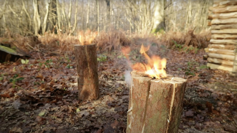 Two types of Swedish logs burn in front of a log cabin in the forest.