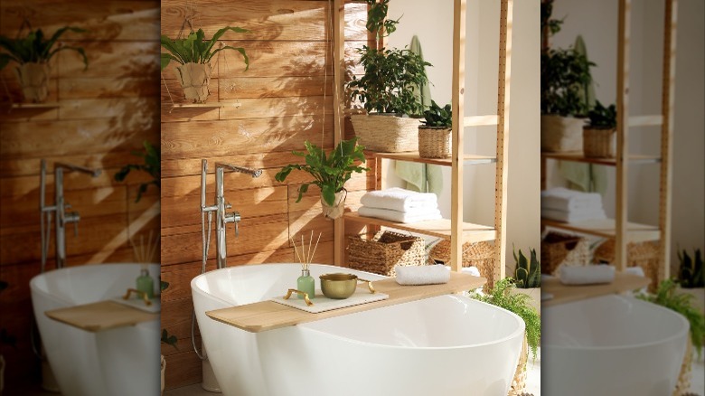shelving unit next to bathtub