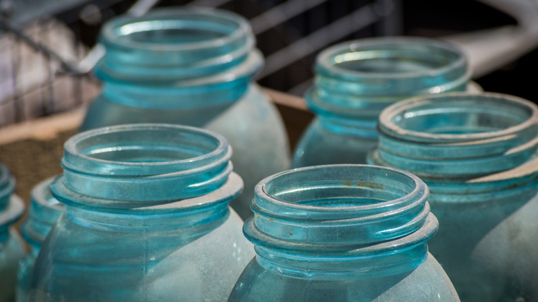 Blue antique mason jars in box