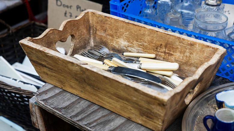 Vintage flatware in wood box