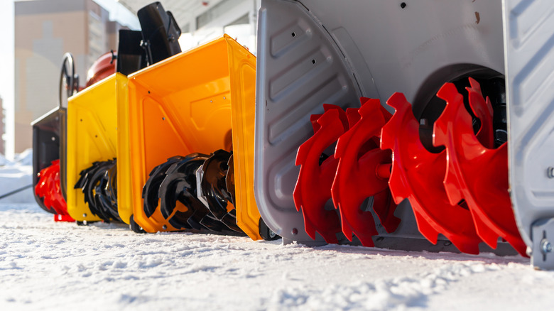 A range of snow blowers in a store
