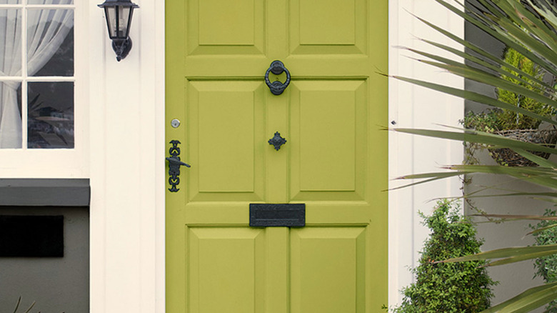 A front door is painted Sherwin-Williams Parakeet Green