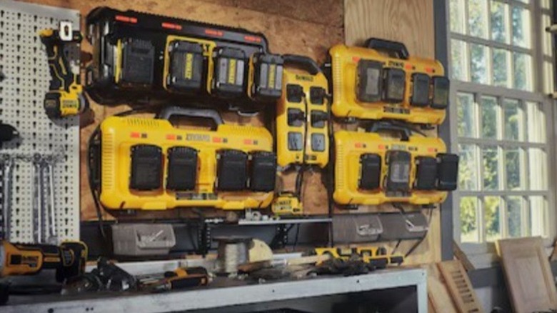 DeWalt battery charging stations hanging on a wall