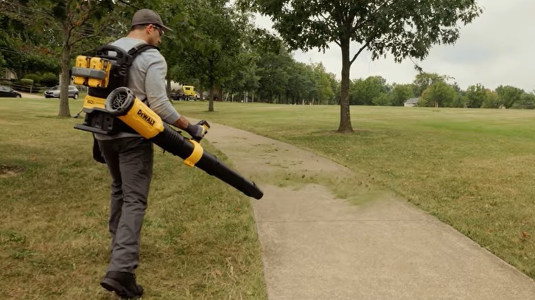 Man using DeWalt's backpack leaf blower