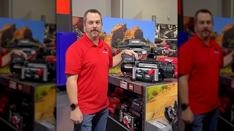 Harbor Freight employee showing off new 15,000-pound winch