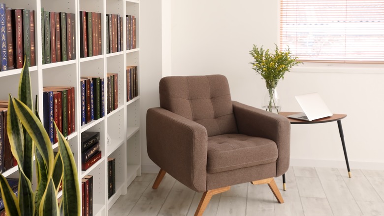 Bookcase with chair and plants