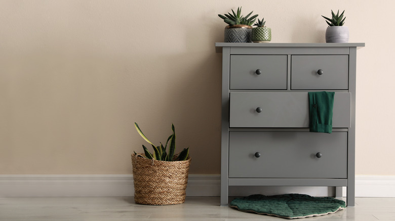 gray dresser with plants