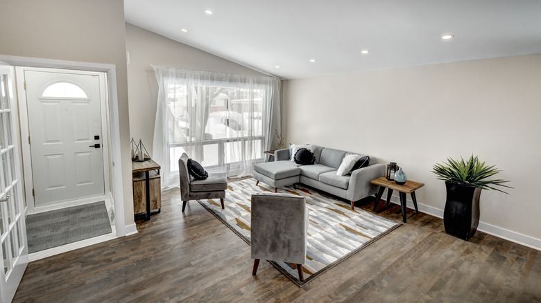 living room in basement apartment