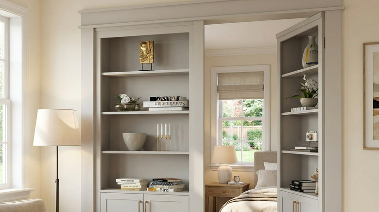 A secret bookshelf doorway partially open, revealing a secondary bedroom behind it.