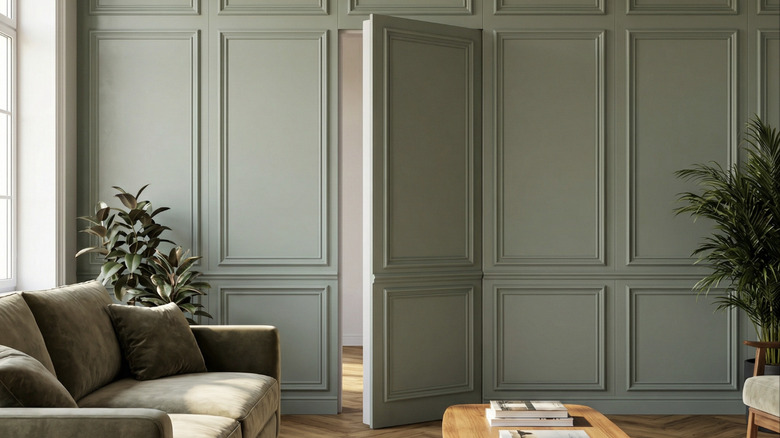 A partially open secret door hidden in the panels of a wall.