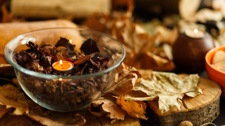 Scented candle in fall bowl
