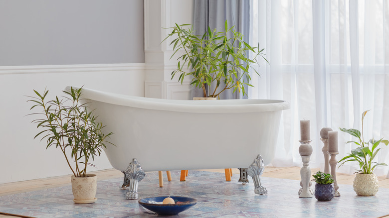 bathroom with sheer drapes