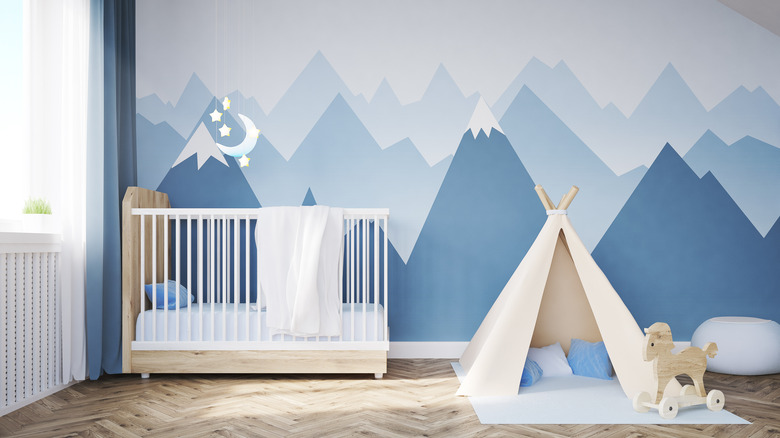 blue mountains on nursery wall