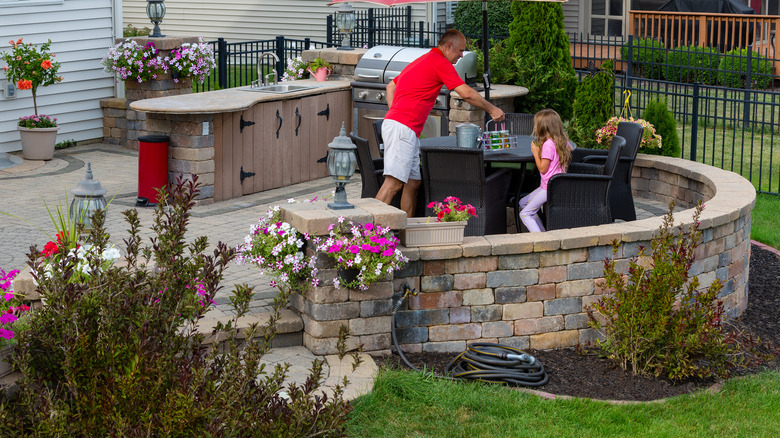 people on brick patio
